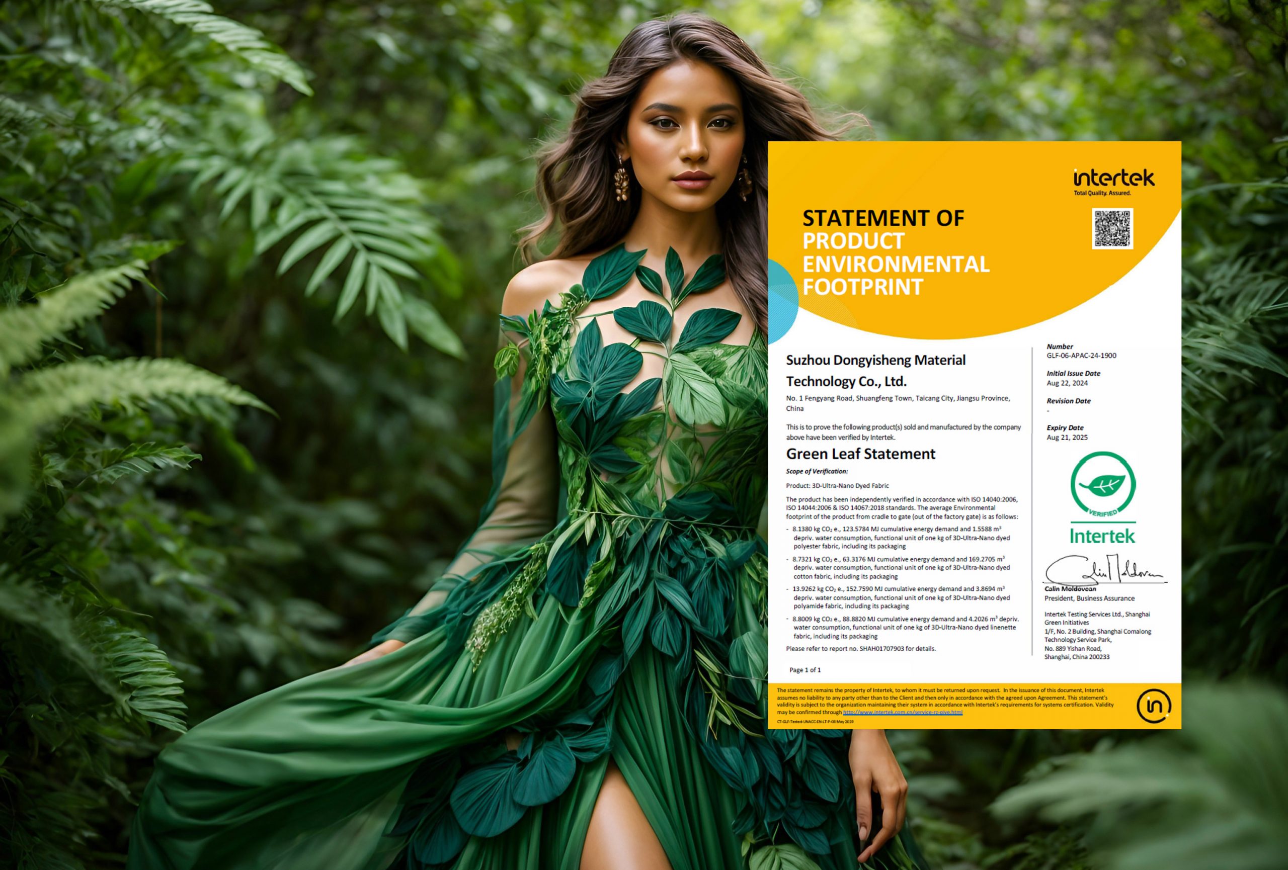 A woman elegantly wearing a dress made entirely from plants.